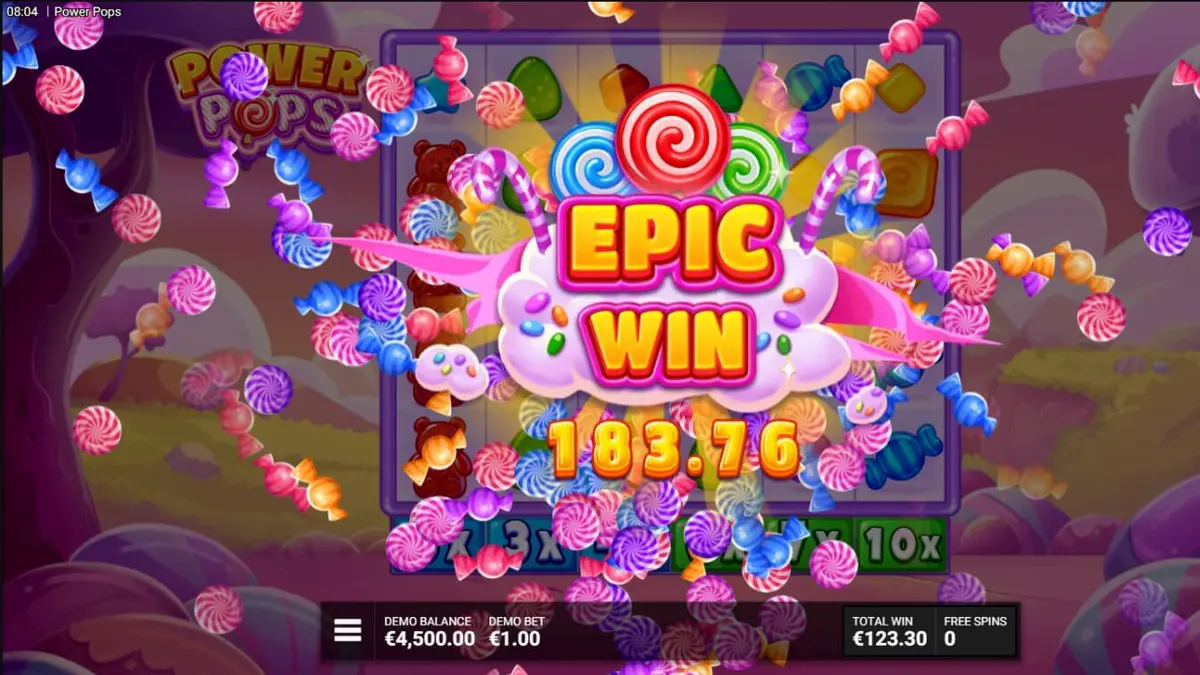 Tampilan visual slot Power Pops dengan tema permen yang penuh warna